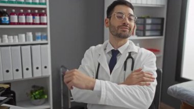 Gözlüklü ve steteskoplu kendinden emin doktor modern klinikteki raflarda tıbbi malzeme ve belgelerle çevrili duruyor.