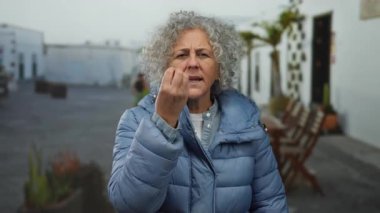 Kadın şehir sokaklarında jestler yapıyor, orta yaşlı, gri saçlı, mavi ceketli, yaşlı ama enerjik, çevresindeki sandalyelerle bir şehirde duygularını ifade ediyor..