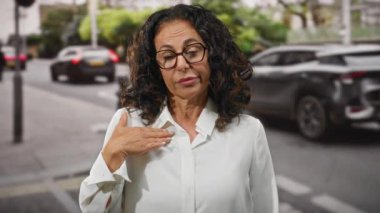 Şehir caddesinde duran kıvırcık saçlı kadın gündüz gözlüklü şehir yaşam tarzını kaydeden ve geçen arabaların arasında olgun bir zarafet yakalayan..