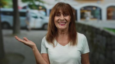Canlı bir şehir caddesinde gülümseyen ve el kol hareketi yapan İspanyol son sınıf öğrencisi kadın, arka planda arabalarla şehir ortamını ve hareketli açık hava aktivitelerini temsil ediyor..