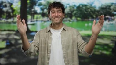 Parkta elleri hareketli gülümseyen, sıradan gömlekler giyen, parlak bir gökyüzünün altında yeşil ağaçlarla çevrili, neşeli, rahat bir açık hava atmosferi yakalayan bir adam..