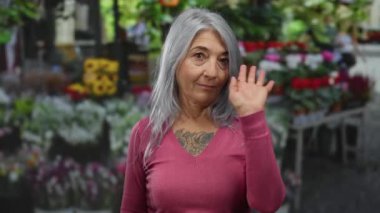 Gri saçlı bir kadın arka planda canlı çiçeklerle açık bir çiçekçide el sallıyor ve dostça bir jest yapıyor..