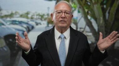 Takım elbiseli kıdemli bir adam sokakta arka planda el kol hareketi yapıyor, iş ortamını yansıtıyor..