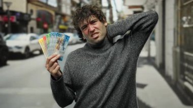 İşlek bir caddede elinde İsviçre frangı tutan bir adam, boynunu tutarken kederli bir yüz ifadesi sergiliyor, şehir hayatı ve finansal temaların bir karışımını vurguluyor..