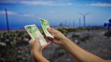 İsrail şekellerini bir tarlada yel değirmenlerinin önünde tutan kişinin elleri, açık hava ortamında finans ve yenilenebilir enerjinin bir karışımını gösteriyor.
