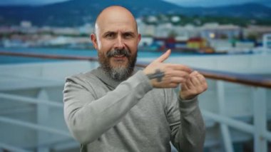 Teknede sakallı bir adam deniz kenarında görünmez bir halat çekiyor..