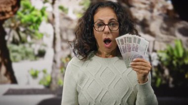 Şehir sokaklarında orta yaşlı bir kadın elinde Mısır banknotları tutuyor, şaşırdığını ifade ediyor, doğal elementlerle para ve şehir çevresini vurguluyor..