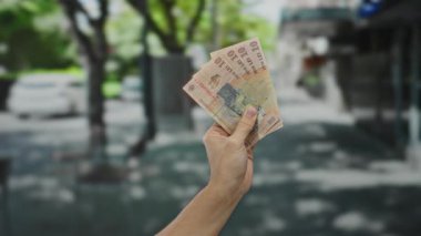 Romanya 'nın paralarını elinde tutan adam, şehir sokaklarında mali kavramları ve işlemleri vurguluyor.