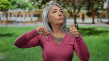 Pembe kazaklı, gri saçlı yaşlı kadın yeşil çimenler ve ağaçlarla dolu canlı bir açık hava parkında karışık duyguları baş parmaklarıyla tasvir ediyor..