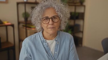 Gri saçlı bir kadın ofis ortamında jest yapıyor, iletişimi ve ifadeyi resmediyor, gözlük ve günlük giysiler giyerken eve odaklanıyor, muhtemelen orta yaşlı ya da yaşlı..