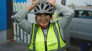 Kasklı ve çelik yelekli İspanyol kadın benzin istasyonunda şakacı kulaklar yapıyor..