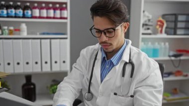 Genç İspanyol erkek doktor, steteskop ve beyaz önlük giyen, tıbbi malzeme ve ekipman raflarıyla çevrili bir klinikte dizüstü bilgisayara odaklanıyor..