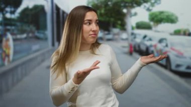 Genç sarışın kadın, bulanık araba ve ağaçlarla dolu kalabalık bir şehir sokağında, beyaz bir kazak giyip, merakını ya da şaşkınlığını dile getiriyor..