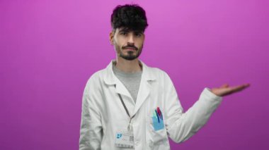 Laboratuvar önlüğüyle gülümseyen bir adam pembe arka plana el uzatıyor. Cebinde kalemler ve kimlik kartı var. Profesyonel ya da bilimsel bir ortam öneriyor..