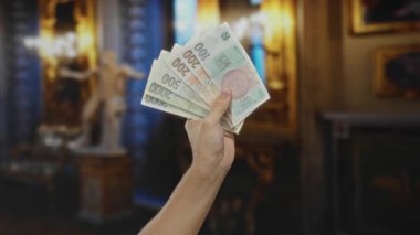 Müze ortamında çekiç banknotları tutan, kapalı bir ortamda para gösteren, kültürel ve finansal konuları erkek odaklı vurgulayan bir adam..