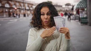 Roma Kolezyumu 'nun yakınındaki açık havada elinde Filipin Peso banknotları olan bir kadın. Şehir sokaklarında şaşırmış bir ifade var..