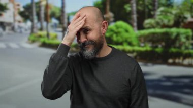 Şehir sokağında sakallı bir adam kafasını tutuyor. Dışarıda eli dövmeli düşünceli görünüyor..