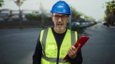 İnşaat yeleği ve kasketli bir adam şehir arka planında pano tutuyor..