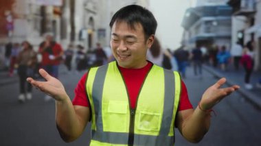 Şehirli bir sokakta, neşeli bir ifade ile yansıtıcı bir yelek giyen genç bir adam ve yoldan geçenler ve manzaralı binaların olduğu bir şehir zemininin ortasında ellerini açık tutuyor..