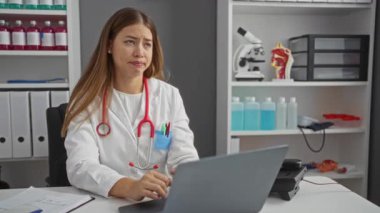 Üniformalı beyaz kadın doktor üzgün ve depresif. Stresli bir ifadeyle ağlıyor ve klinikte sinirli bir ruh hali içinde endişeli.