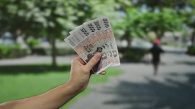 İzlanda Krona 'sını elinde tutan adam güneşli bir parkta yeşil yapraklı bir arka planda para biriminin detaylarını sergiliyor..