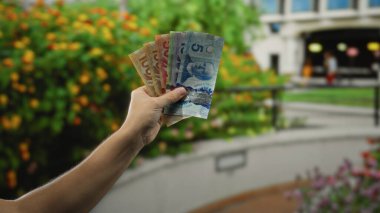 Fonda yeşil yeşillik olan canlı bir açık hava parkında elinde Kanada banknotları tutan adam, finans ve doğal çevre karışımının temasını vurguluyor..