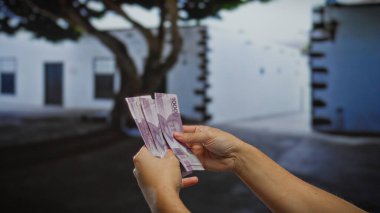 Endonezya rupiasını şehir sokaklarında tutan eller canlı bir şehirde iş ve para alışverişinin özünü yakalıyor..