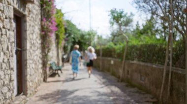 Bulanık kadınlar Capri Adası 'nda güneşli, tuğlalı bir sokakta yürüyor. Yeşillik yeşil yapraklar ve hayat dolu çiçekler yolu kaplıyor. Huzurlu, lüks bir atmosfer yayıyorlar..