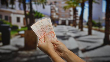 Bir şehir parkı ortamında, kişisel finans, ekonomik refah ve açık hava yatırım fırsatlarını gösteren, tek kişilik dolarları tutan eller..