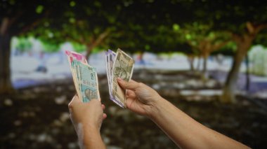 Bir şehir parkında Hindistan parası tutan adam, doğal ışık altında bir iş alışverişi gösteriyor, canlı para birimleri detayları ve sokak ambiyansını yakalıyor..