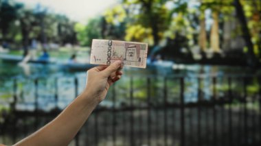 Suudi riyal banknotlarını açık havada güneşli bir parkta ya da bahçe ortamında tutan adam, finansal temaları ve arka planda doğa ile kültürel bağlamları yansıtıyor..