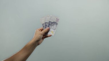 İsveç kronu banknotlarını beyaz bir duvar arkasında tutan adam, parasal zenginliği ve para birimini vurguluyor, izole edilmiş bir el belirgin bir şekilde parayı gösteriyor..