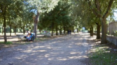Villa borghese, Roma 'daki bulanık açık hava sahnesinde, bir bahçe ortamında doğa ve sükunetin vurgulandığı, bokeh etkisindeki odaksız insanlar, ağaçlar ve yol yer alıyor..