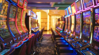 Renkli neon ışıklı kumar makineleri Las Vegas 'taki loş ışıklı kumarhane zeminini dolduruyor. Bulanık, canlı bir atmosfer yaratıyor..