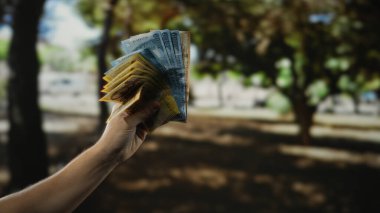 Macar banknotlarını elinde tutan bir adam park ortamında bulanık bir doğal bahçe arka planına sahip zenginlik ve para değişimi duygusunu yakalıyor..