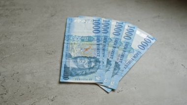 Macar forint banknotları beton bir yüzeye yerleştirilmiş, Macar para birimlerini yakından gösteriyor.