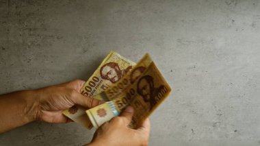 Para değişimi kavramını gösteren somut bir arkaplan karşısında Macar forint para birimini tutan eller.