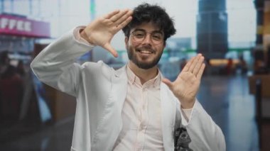 Havaalanında gülümseyen sakallı genç bir adam. Beyaz önlüklü gözlüklü, kahve dükkanının yanında duruyor. Kamu atmosferiyle çevrili neşeli hareketlerle çerçeveler oluşturuyor.