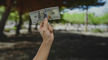 Erkek, güneşli bir park ortamında bize dolar banknotu tutuyor. Para birimini ve açık hava finansal konseptini yansıtıyor. Finans ve yaşam tarzı konularına uygun..