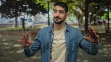 Kot gömlekli genç adam doğal bir park arkaplanına karşı jest yapıyor, açık havada rahat bir şekilde giyiniyor..