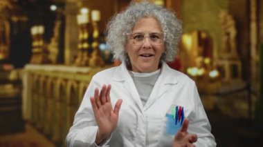 Beyaz önlüklü yaşlı bir kadın güzel aydınlatılmış bir kilisenin içinde gülümsüyor. Süslü bir dekor ve sıcak bir aydınlatma huzur ve bilgeliği yansıtıyor..