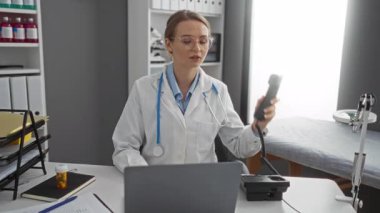 Kadın doktor konuşuyor telefon kliniği iş yeri dizüstü bilgisayarı steteskop tıp masası iç reçete ofisi.