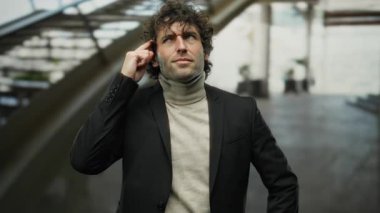 Genç adam şehir sokaklarında yaratıcılık ve ilhamı modern şehirde özgüvenli ve düşünceli bir ifadeyle ifade ederek açık havada fikir jesti yapıyor..