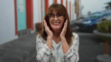 Bir şehir caddesinde mutluluğu ifade eden gözlüklü İspanyol son sınıf öğrencisi kadın, açık şehir ortamında arabalarla ve renkli binalarla neşeli duygularını sergiliyor..