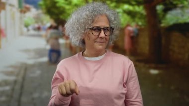 Gri saçlı bir kadın şehir sokaklarında gözlük ve pembe bir kazak giyerek el kol hareketi yapar, şehir içinde ifade eder, kentsel bir çevreyle harmanlanır..
