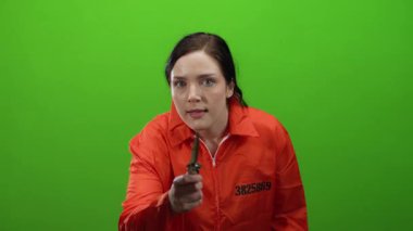 Turuncu hapishane tulumlu kadın elinde canlı yeşil arka planda bıçak tutarken yoğun bir ifadeyle duygusal drama ve gerilim sergiliyor.