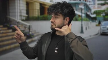 Sakallı genç adam telefon ediyor ve şehir sokağını işaret ediyor. İletişim ve etkileşimi ifade ediyor..