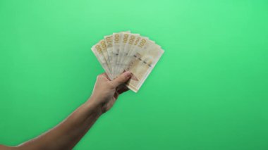 Brezilya banknotları tutan bir adam canlı yeşil bir arka plan, gösterişli para birimi detayı ve el duruşu.