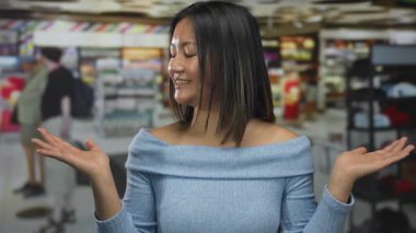 Havaalanı terminalinde gülümseyen, arka planı bulanık, kapalı bir ortamda mutluluğu ifade eden, seyahat ve modern bağlantı duygusunu aktaran bir kadın..