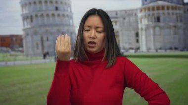 Açık İtalyan şehrinde, Pisa Kulesi 'nin yakınında, duygularını ifade eden bir kadın..